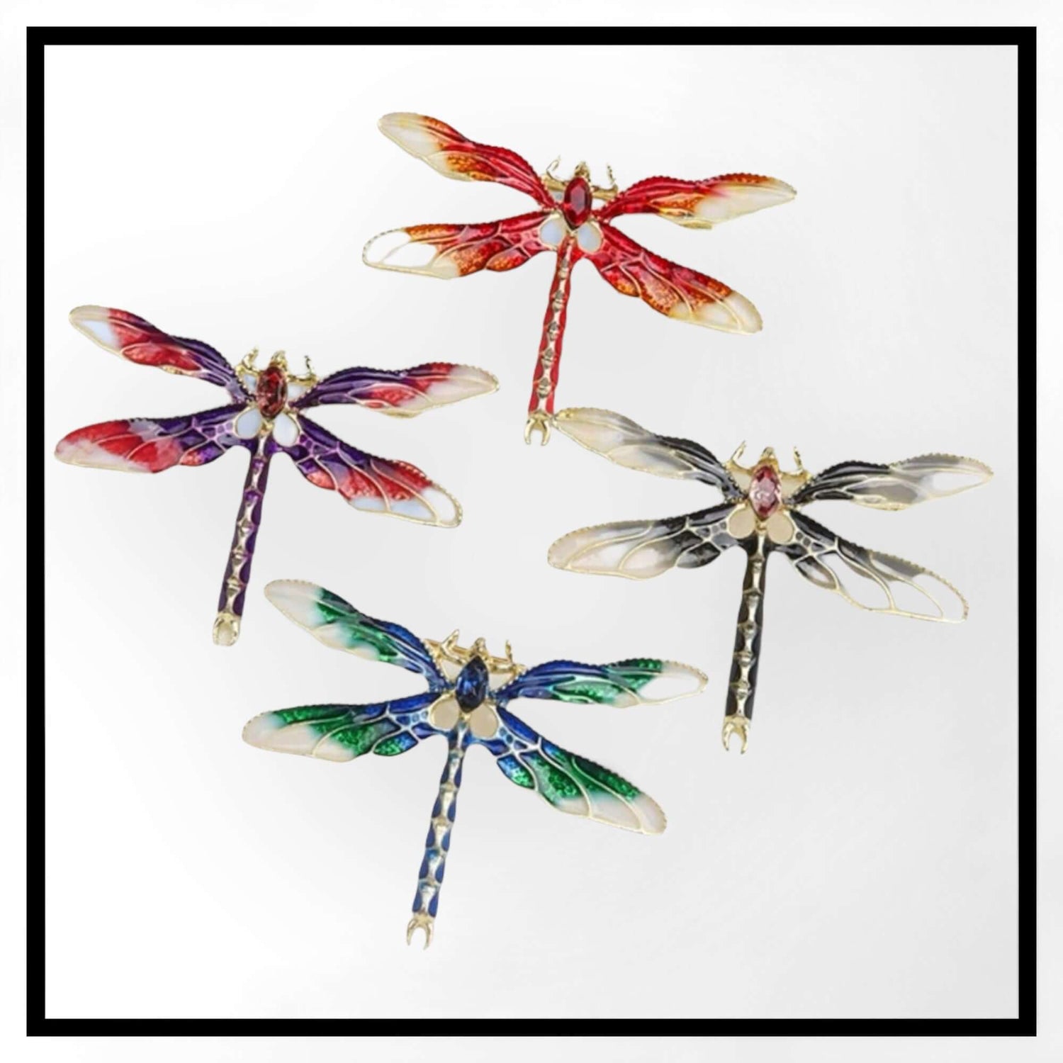 Cover image for our fashion jewellery collection featuring 3 dragonfly brooches in blue, red and purple available from Twekve Silver Trees jewellery 