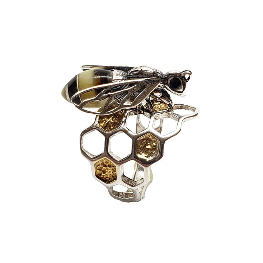 Multi Colour Amber Sterling Silver Bee Adjustable Ring - Twelve Silver Trees