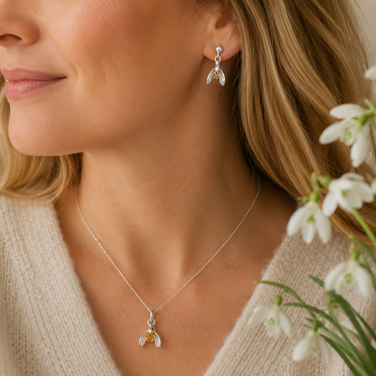 Snowdrop Drop Stud Earrings in Sterling Silver & Gold - Twelve Silver Trees