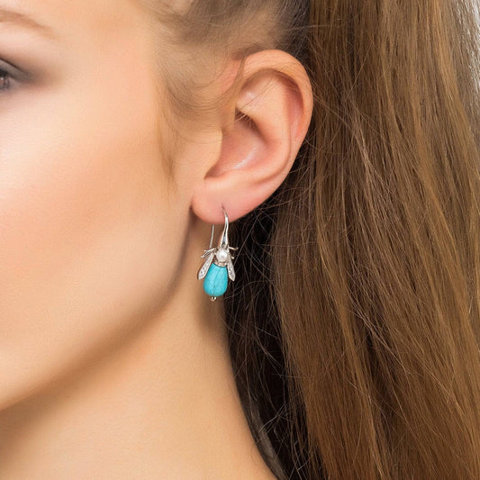 Turquoise And Freshwater Pearl Honey Bee Earrings Silver - Twelve Silver Trees