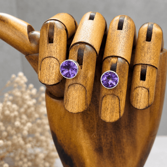Handmade Sterling Silver 8mm Amethyst Stud Earrings - Twelve Silver Trees