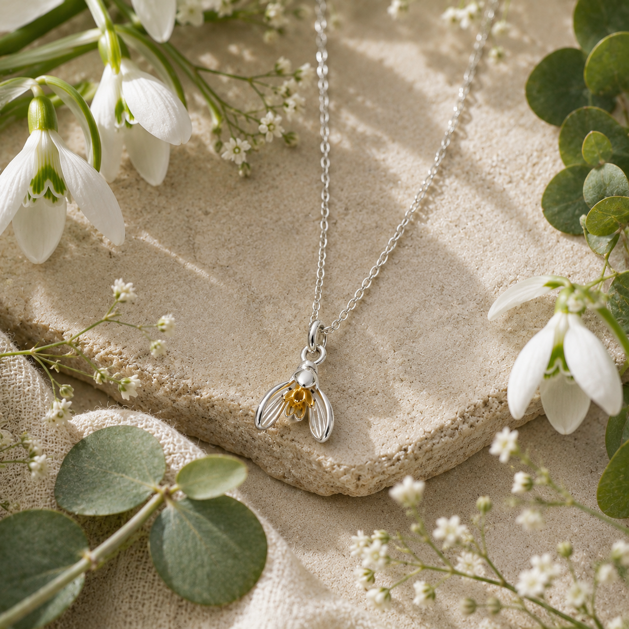 Snowdrop Flower Charm Pendant Necklace in Sterling Silver & Gold - Twelve Silver Trees