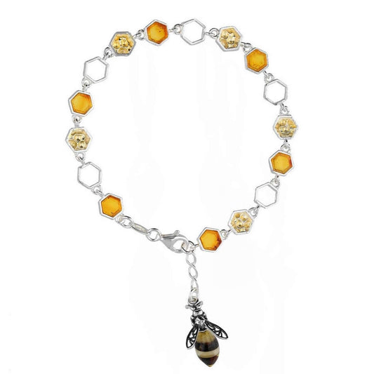 Baltic Amber Honeycomb & Bee Sterling Silver Charm Bracelet - Twelve Silver Trees