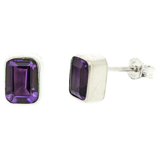 Amethyst Emerald Cut Sterling Silver Handmade Stud Earrings - Twelve Silver Trees