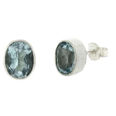 Large Oval Blue Topaz Sterling Silver Stud Earrings - Twelve Silver Trees