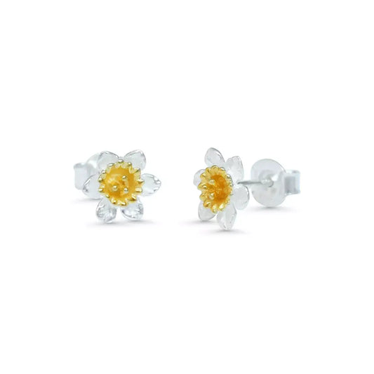 Daffodil Flower Stud Earrings In Sterling Silver With 18 Carat Gold - Twelve Silver Trees