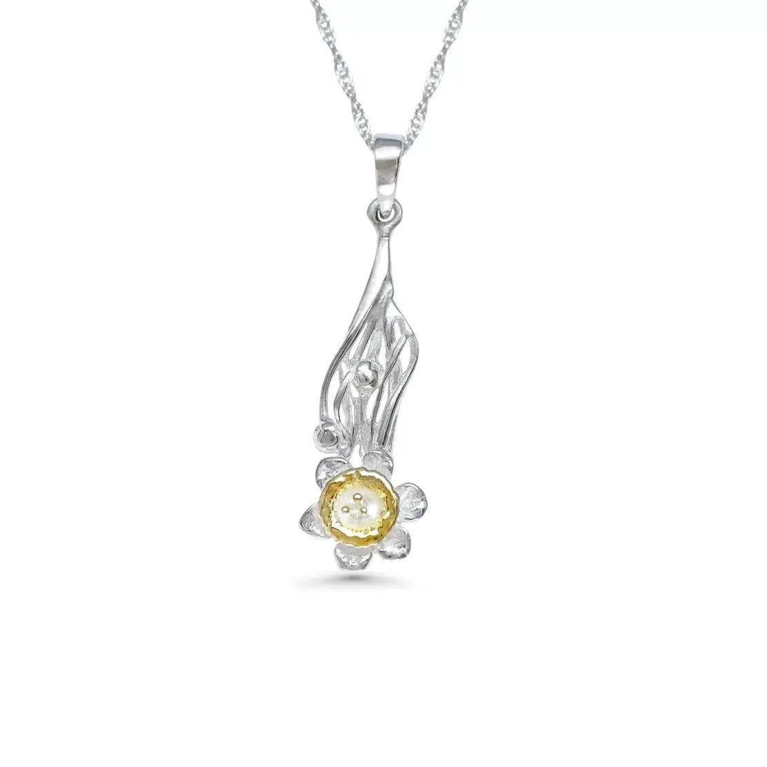 Daffodil Flower Pendant in Sterling Silver With 18 Carat Gold - Twelve Silver Trees