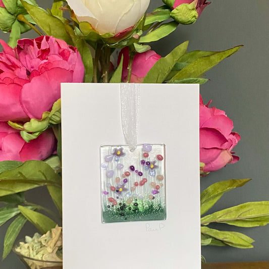 Violet Fused Glass Handmade Hanging Token Greetings Card - Twelve Silver Trees