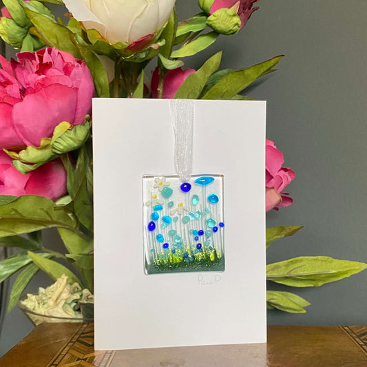 Cornflower Fused Glass Handmade Hanging Token Greetings Card - Twelve Silver Trees