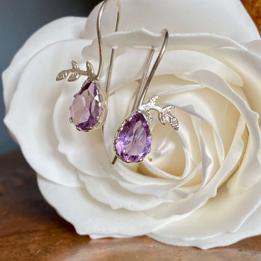 Amethyst Leaf Hook Earrings in Sterling Silver - Twelve Silver Trees