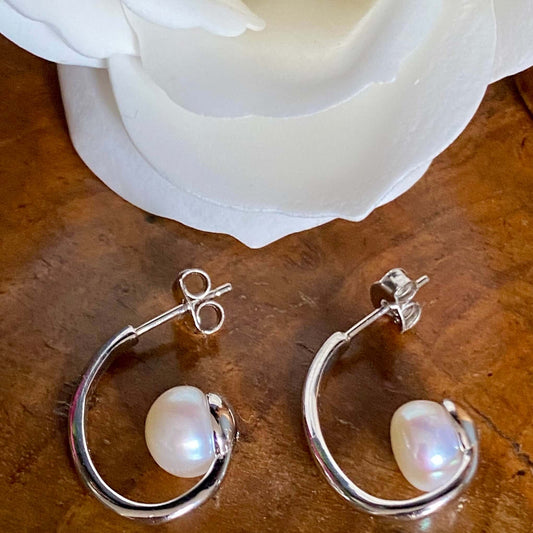 Freshwater Pearl Half Hoop Sterling Silver Earrings - Twelve Silver Trees