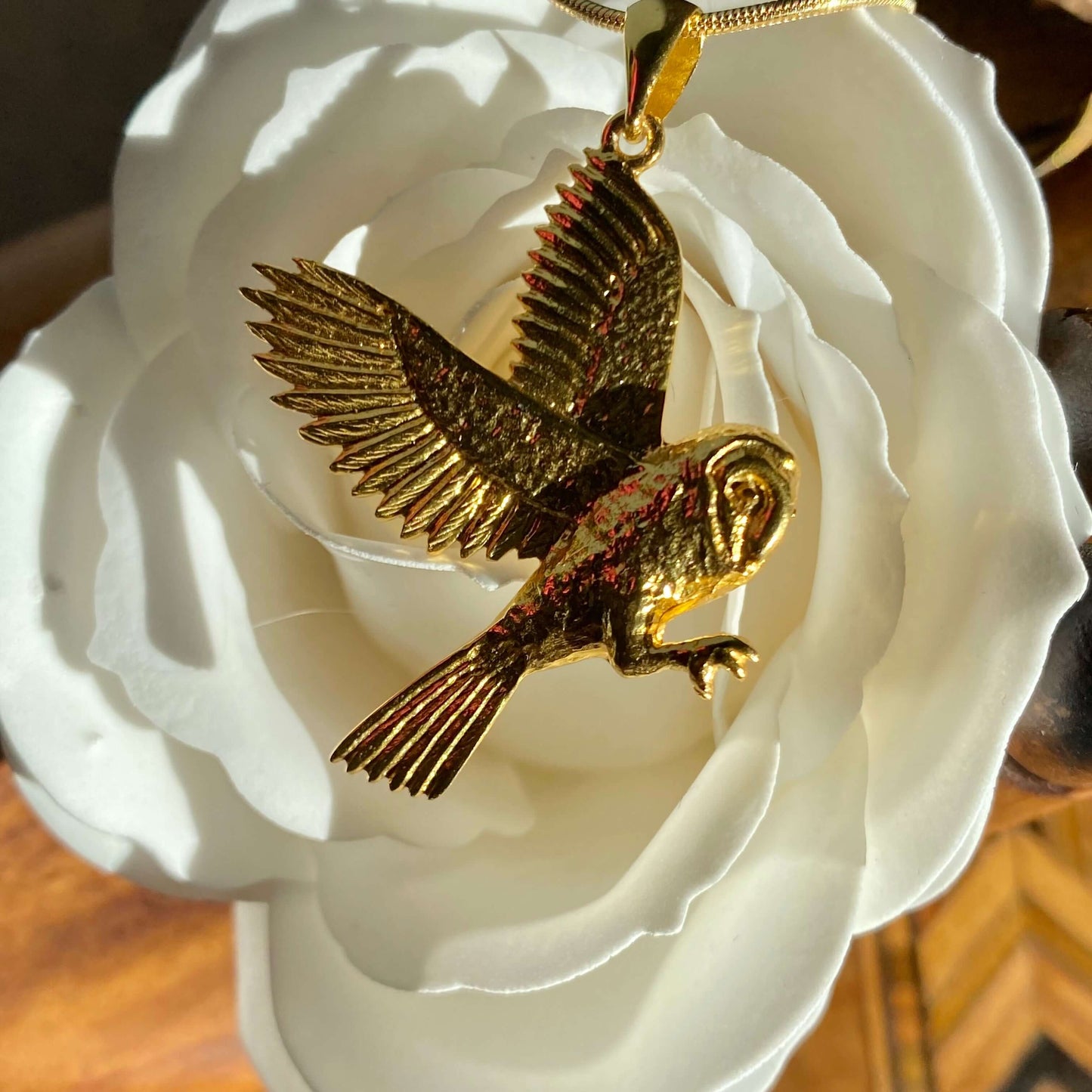 The Hunter - Barn Owl Sterling Silver & 18 Carat Gold Pendant - Twelve Silver Trees