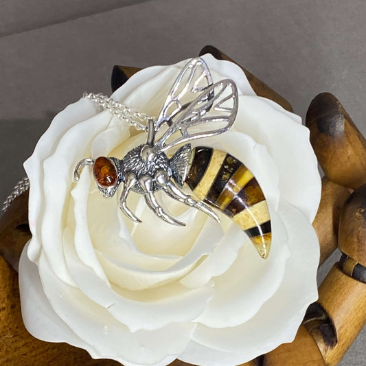 Baltic Amber Extra Large Bee Sterling Silver Pendant - Twelve Silver Trees
