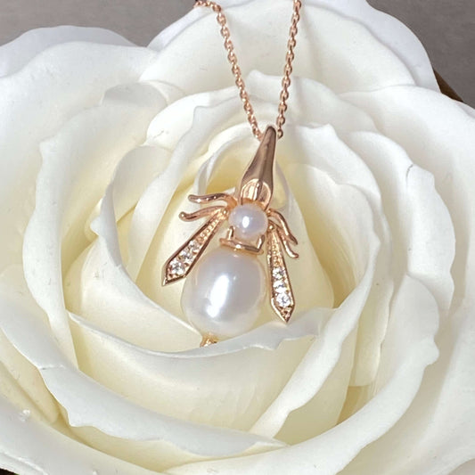 Rose Gold & Sterling Silver Freshwater Pearl Honey Bee Pendant. - Twelve Silver Trees