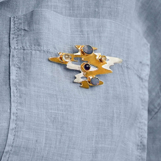 Monet Reflections Water Lily Brooch - Sterling Silver with Opals, Moonstone & Amethyst - Twelve Silver Trees