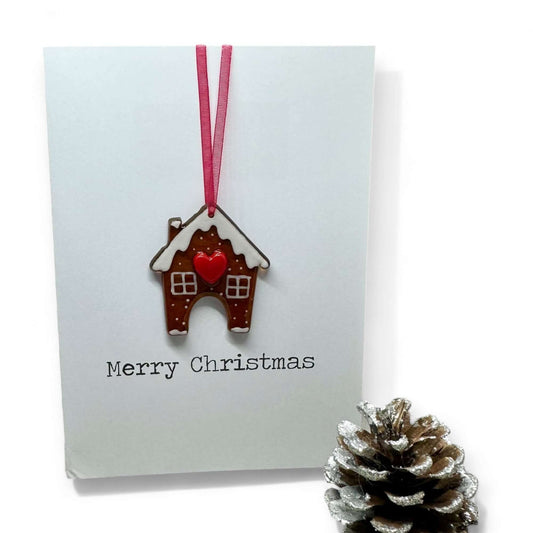 Hanging Gingerbread House Christmas Card - Fused Glass Tree Decoration - Twelve Silver Trees