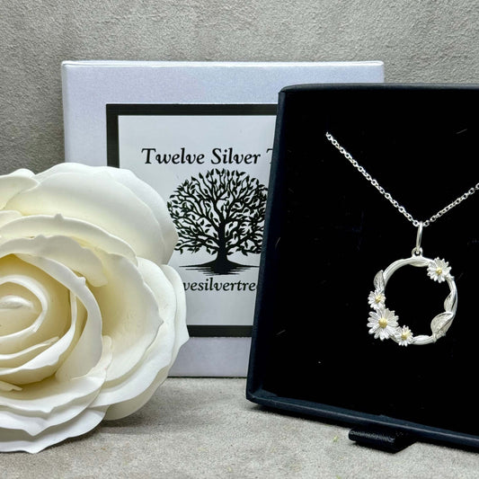 Daisy & Vine Leaves Two Tone Sterling Silver Flower Pendant - Twelve Silver Trees