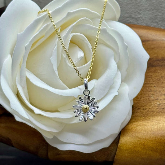 Daisy Charm Pendant In Sterling Silver & 18 Carat Gold - April Birth Flower - Twelve Silver Trees