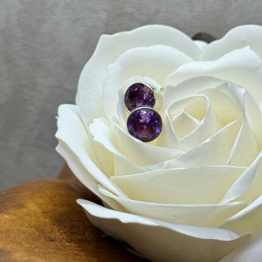 8mm Round Amethyst Handmade Sterling Silver Stud Earrings - Twelve Silver Trees