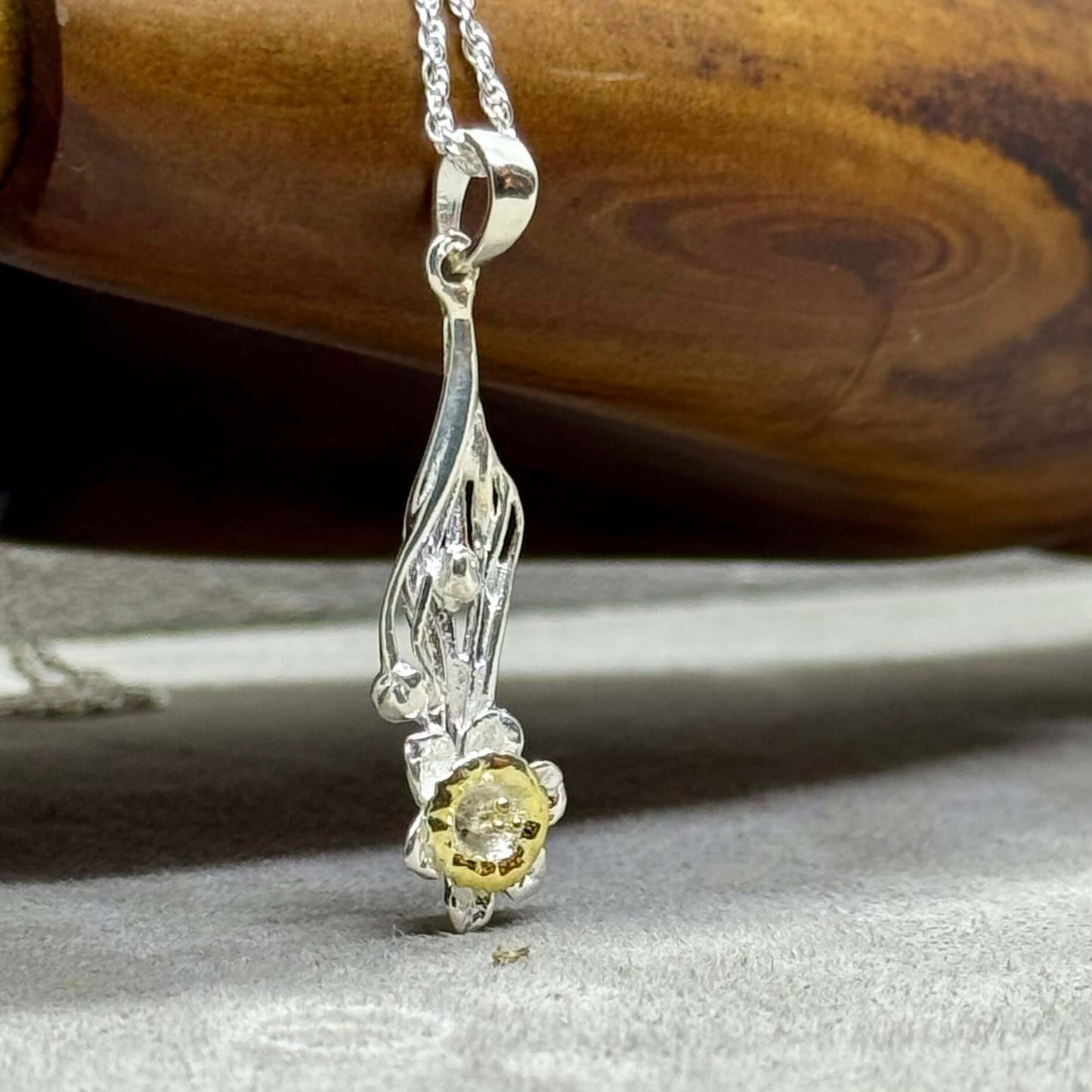 Daffodil Flower Pendant in Sterling Silver With 18 Carat Gold - Twelve Silver Trees