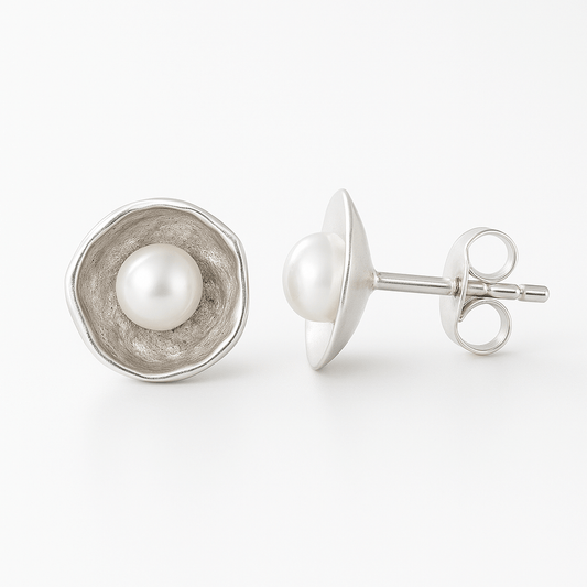 Concave Freshwater Pearl Stud Earrings - Twelve Silver Trees