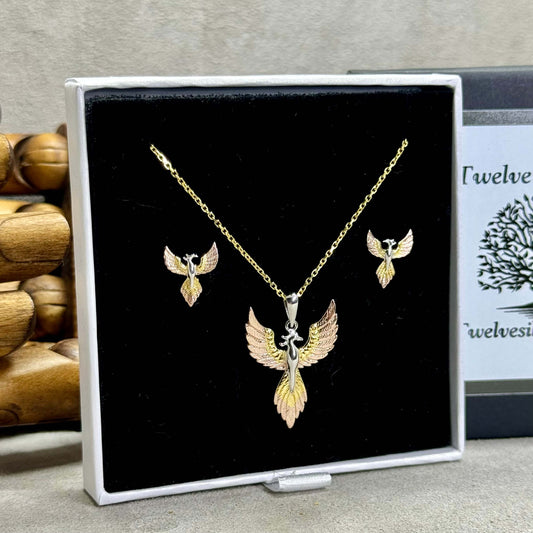 Phoenix Rising Three Tone Sterling Silver Pendant And Earring Gift Set - Twelve Silver Trees