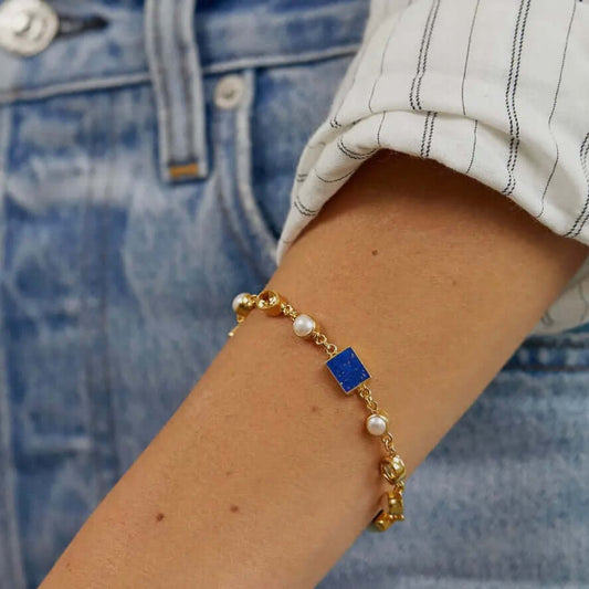 Lapis Lazuli, Citrine and Pearl Gemstone Bracelet - Twelve Silver Trees