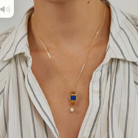 Lapis Lazuli, Citrine & Freshwater Pearl Gemstone pendant - Twelve Silver Trees