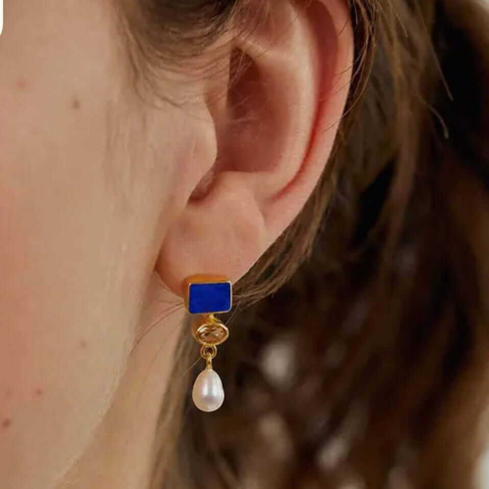 Lapis Lazuli, Citrine & Freshwater Pearl Gemstone Earrings - Twelve Silver Trees