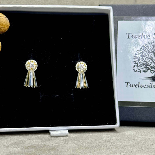 Two-tone yellow gold plated white cubic zirconia rosette stud - Twelve Silver Trees