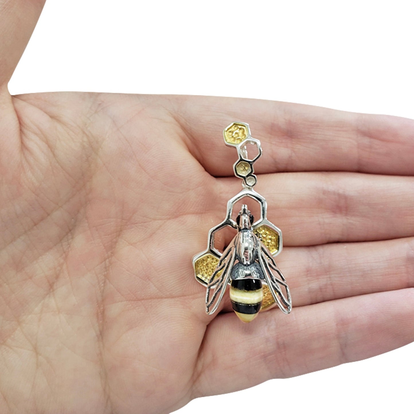 Large Sterling Silver Amber Bee and Honeycomb Pendant - Twelve Silver Trees