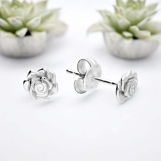Dainty Rose Flower Sterling Silver Stud Earrings - Twelve Silver Trees