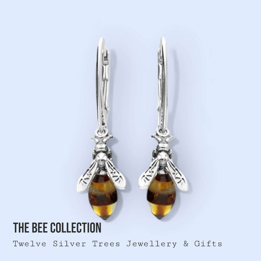 Baltic Amber Small Bee Lever Back Earrings - Twelve Silver Trees