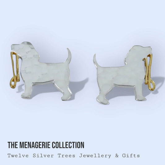 Dog With Lead Hammered Sterling Silver Stud Earrings - Twelve Silver Trees