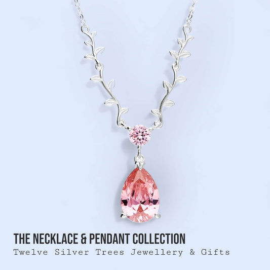 Pink Teardrop Vine leaf Necklace in Sterling Silver - Twelve Silver Trees