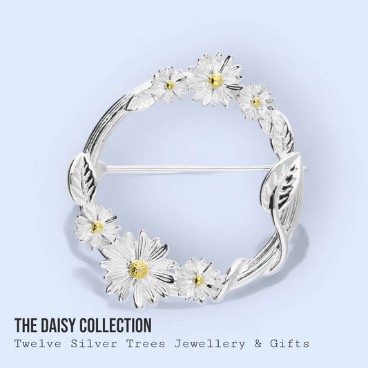 Daisy & Vine Leaves Two Tone Sterling Silver Flower Brooch - Twelve Silver Trees