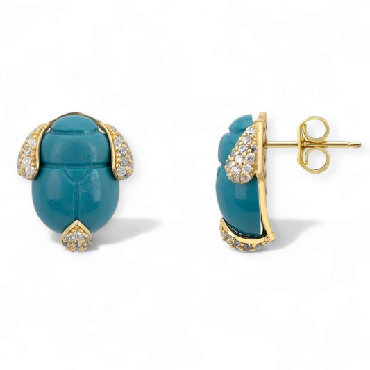 Egyptian Revival Scarab Beetle Turquoise Stud Earrings. - Twelve Silver Trees