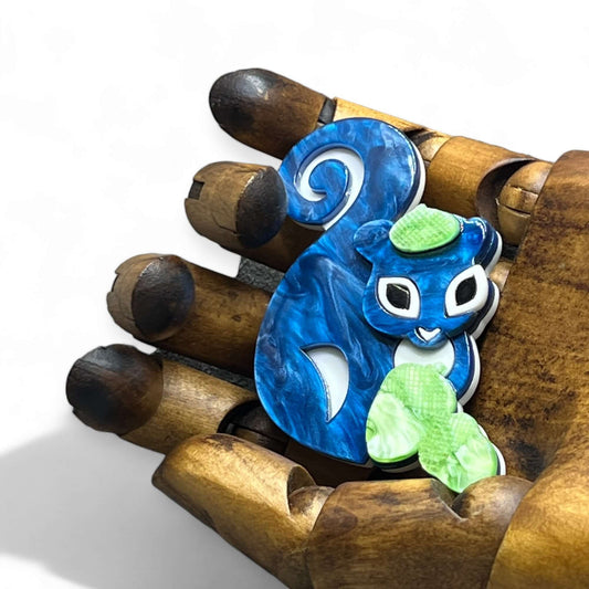Handmade Acrylic Art Brooch - “Nuts About You” Blue Squirrel - Twelve Silver Trees