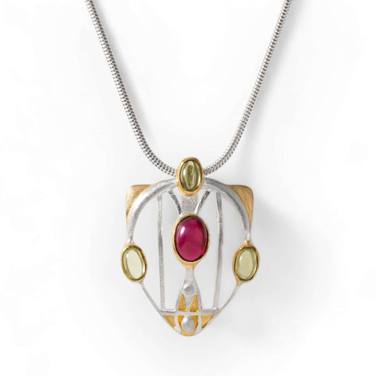 Art Nouveau Inspired Peridot and Garnet Pendant - Twelve Silver Trees