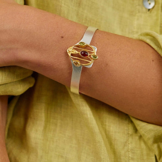 Art Nouveau Inspired Garnet and Peridot Cuff Bangle - Twelve Silver Trees