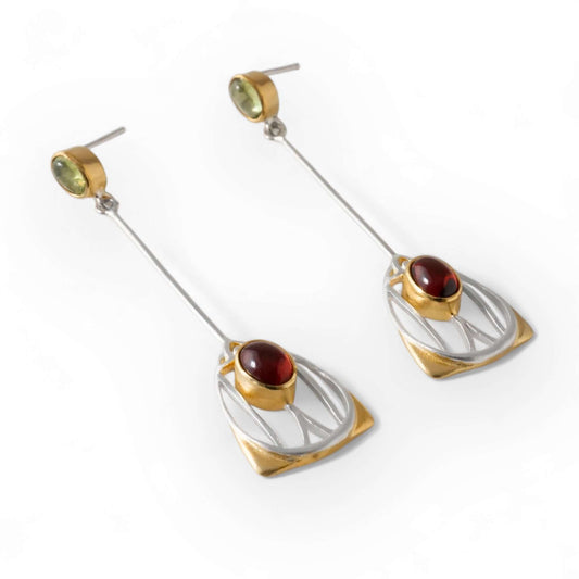 Art Nouveau Inspired Garnet and Peridot Earrings - Twelve Silver Trees
