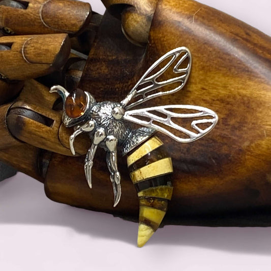 Baltic Amber XXL Bee Sterling Silver Pendant - Twelve Silver Trees