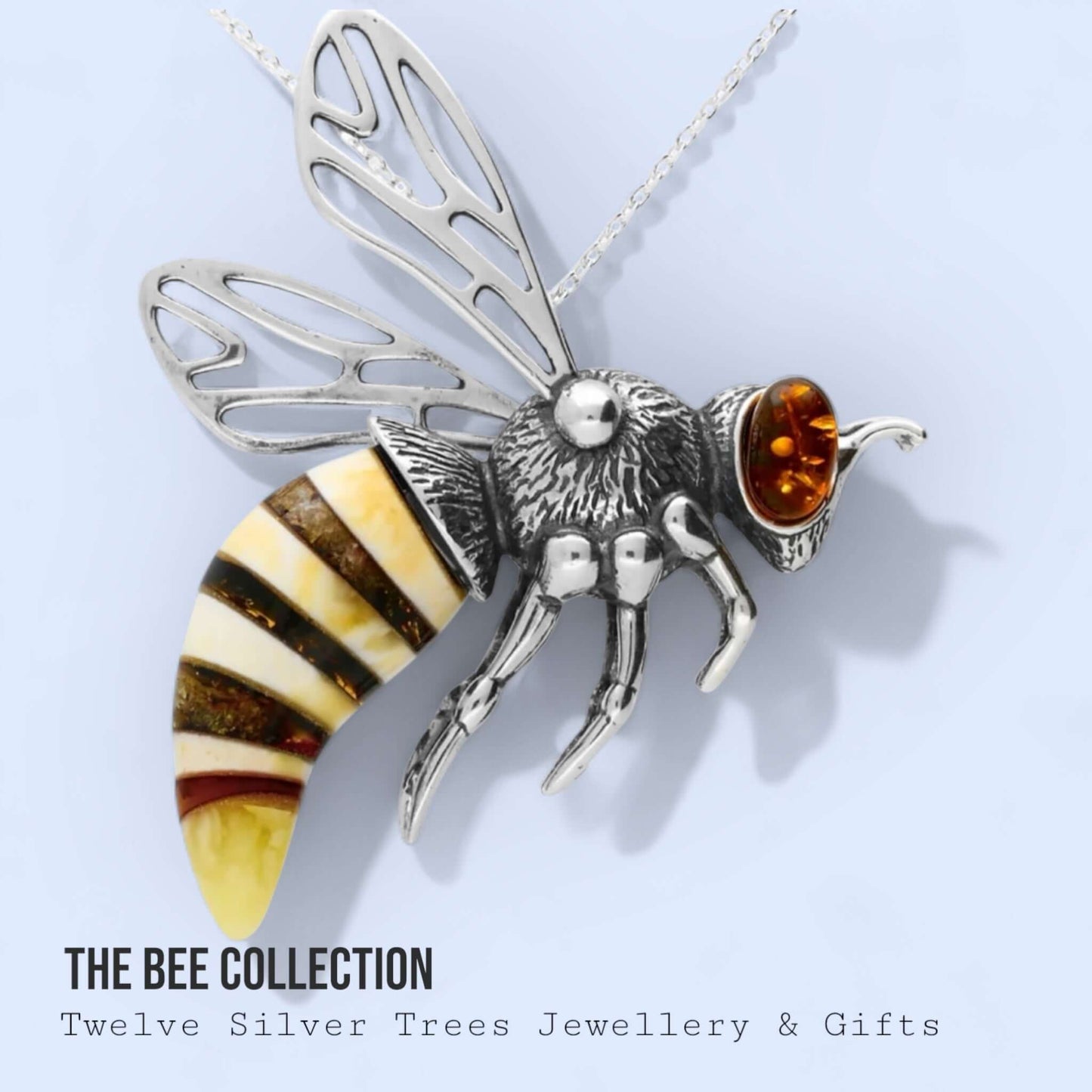 Baltic Amber XXL Bee Sterling Silver Pendant - Twelve Silver Trees