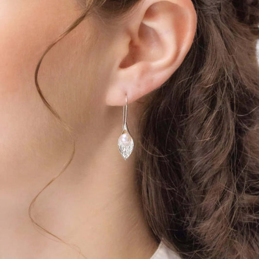 Hand Crafted Calla Lily in Sterling Silver & Freshwater Pearl Earrings - Twelve Silver Trees