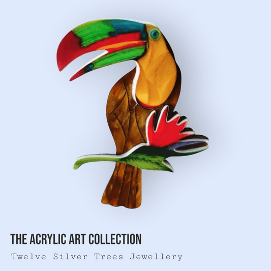 Handmade Acrylic Art Brooch - The Tropical Toucan - Twelve Silver Trees
