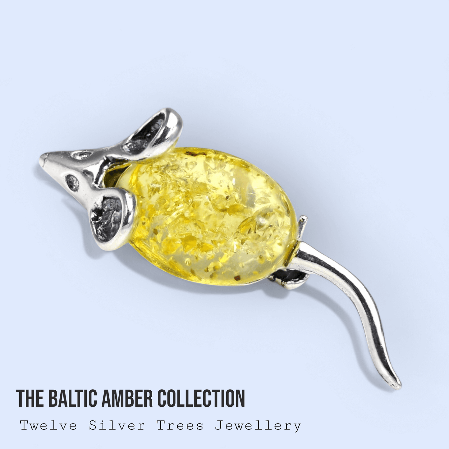 Lemon Amber and Sterling Silver Mouse Brooch - Twelve Silver Trees
