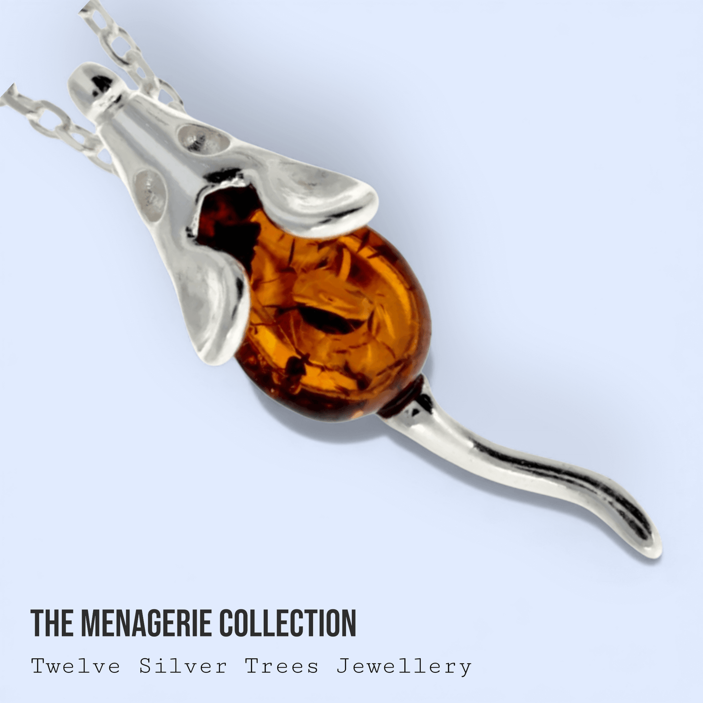 Little Mouse Sterling Silver Baltic Amber Pendant - Twelve Silver Trees