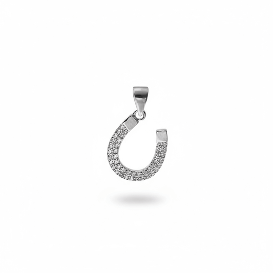 Sterling Silver Offset Zirconia Lucky Horseshoe Pendant - Twelve Silver Trees