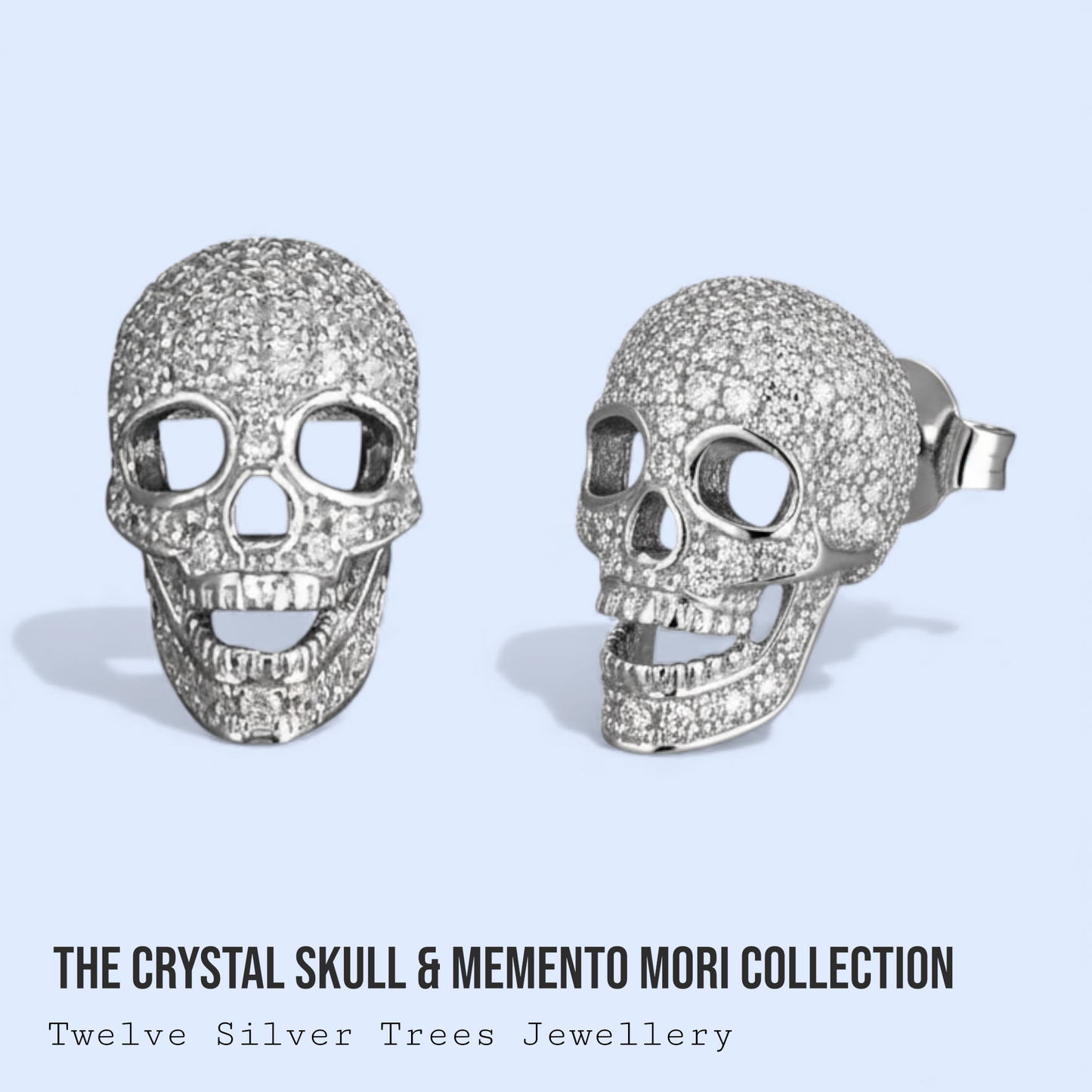 Fine Zirconia Sterling Silver Crystal Skull Stud Earrings - Twelve Silver Trees