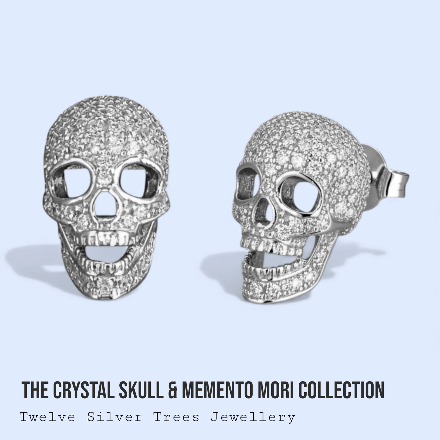 Fine Zirconia Sterling Silver Crystal Skull Stud Earrings - Twelve Silver Trees